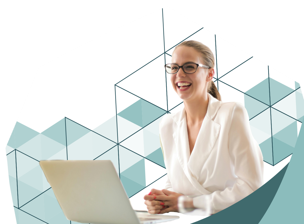 An image of a psychologically healthy business woman on a computer.