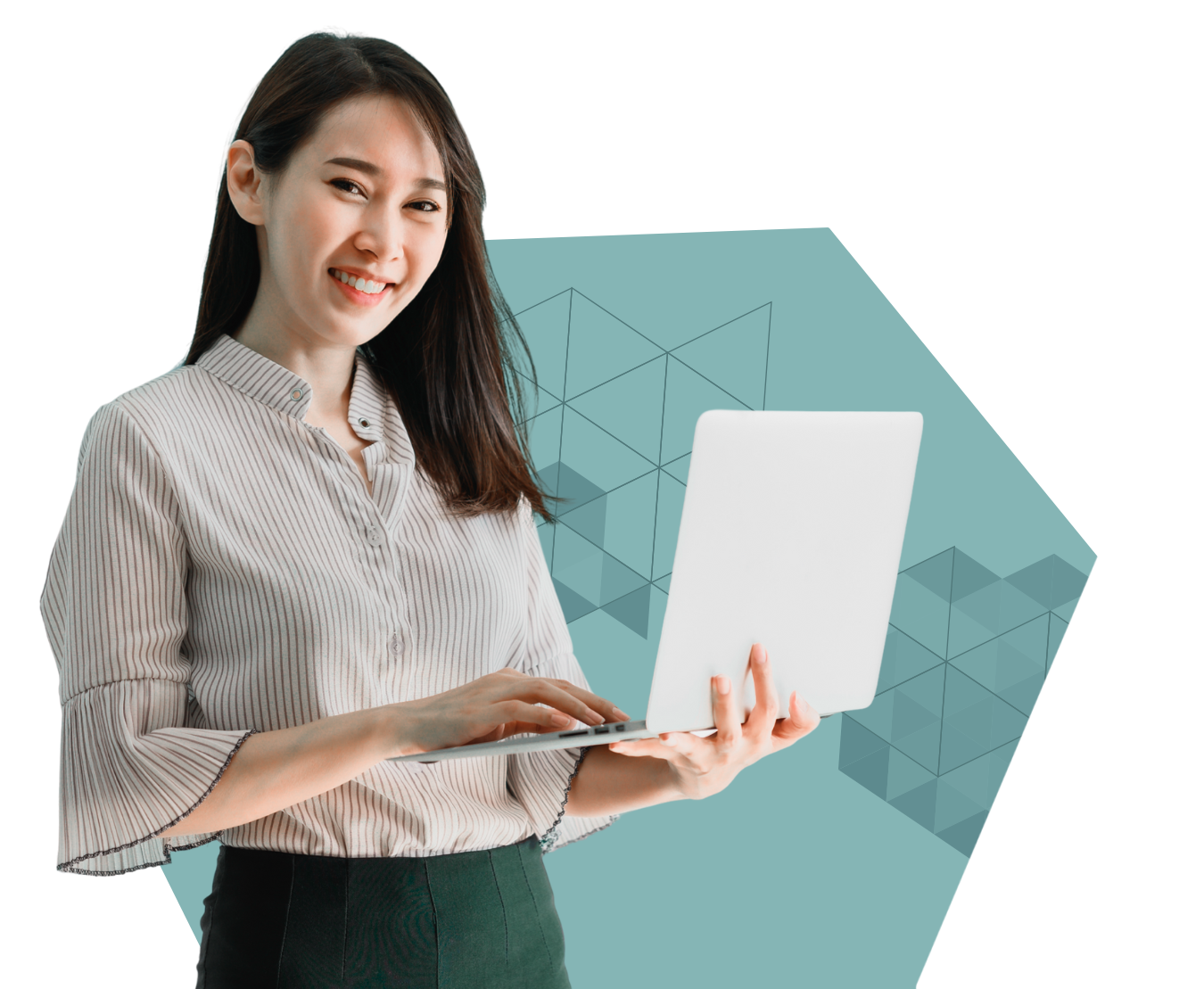 An image of a municipality employee working on a computer and smiling.