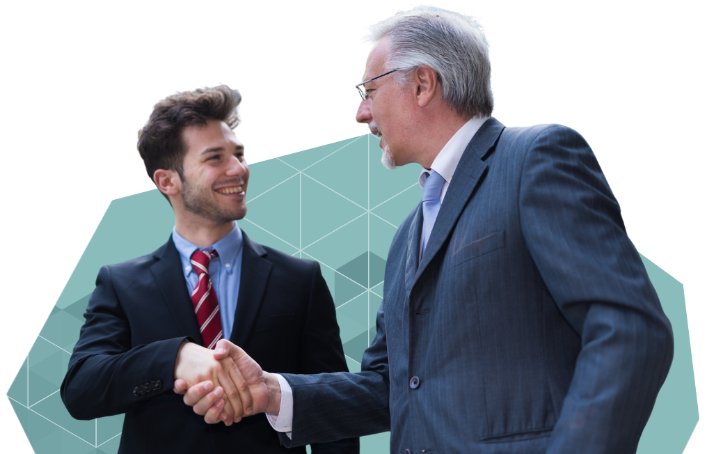 An image of two business partners shaking hands and smiling.