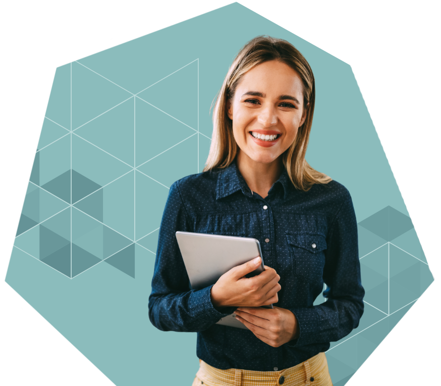 An image of a smiling office worker holding a clipboard.