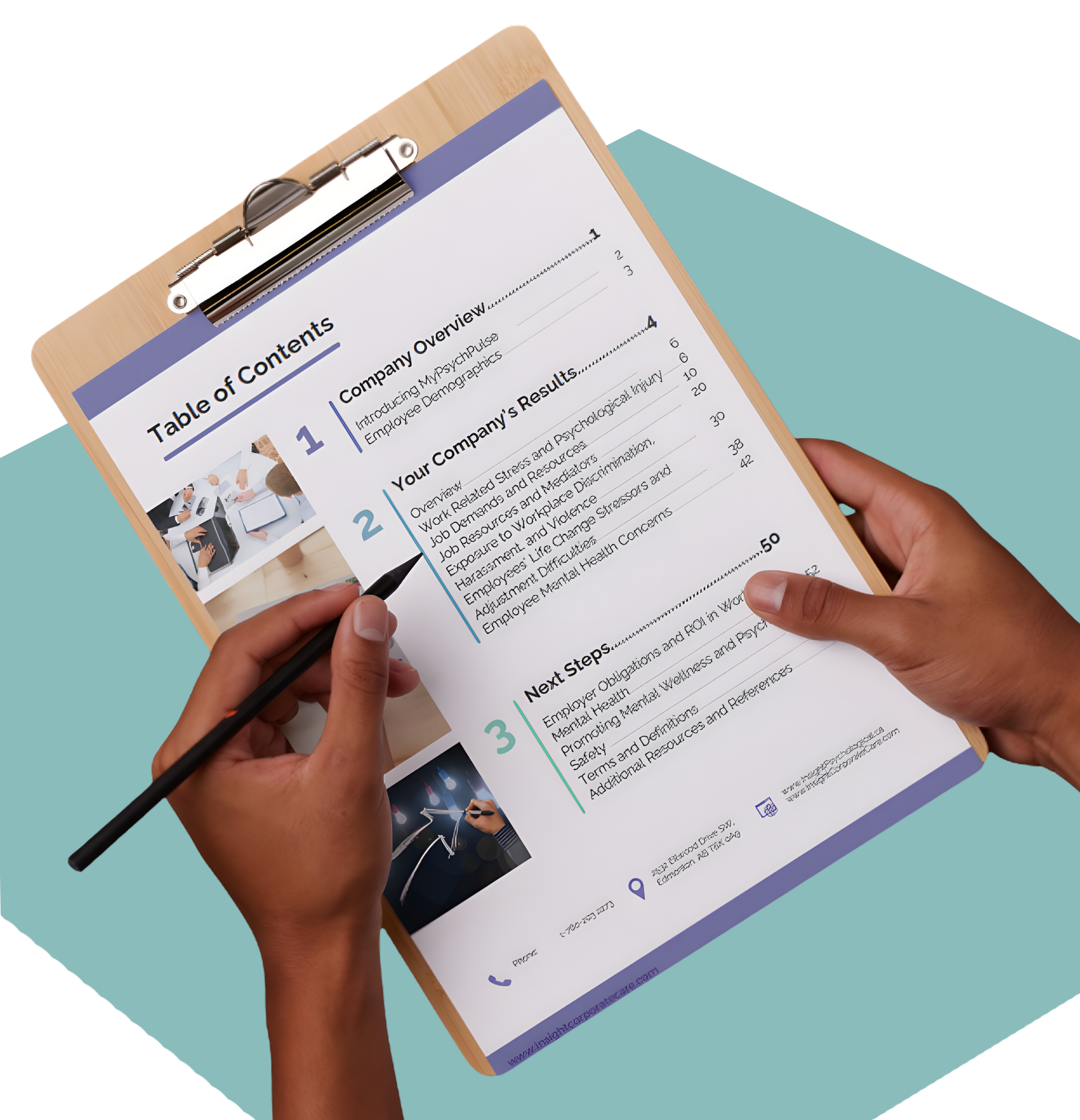 An image of a clipboard containing a PsychPulse organizational mental health report.