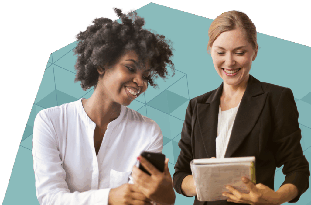 People looking cheerfully at a report.