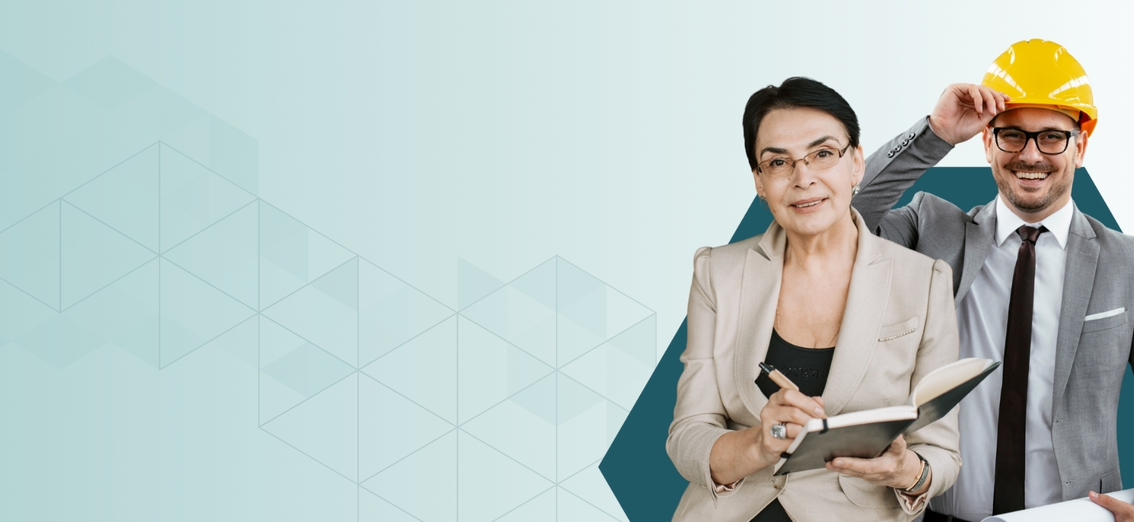 An image of an office worker and a construction worker smiling.