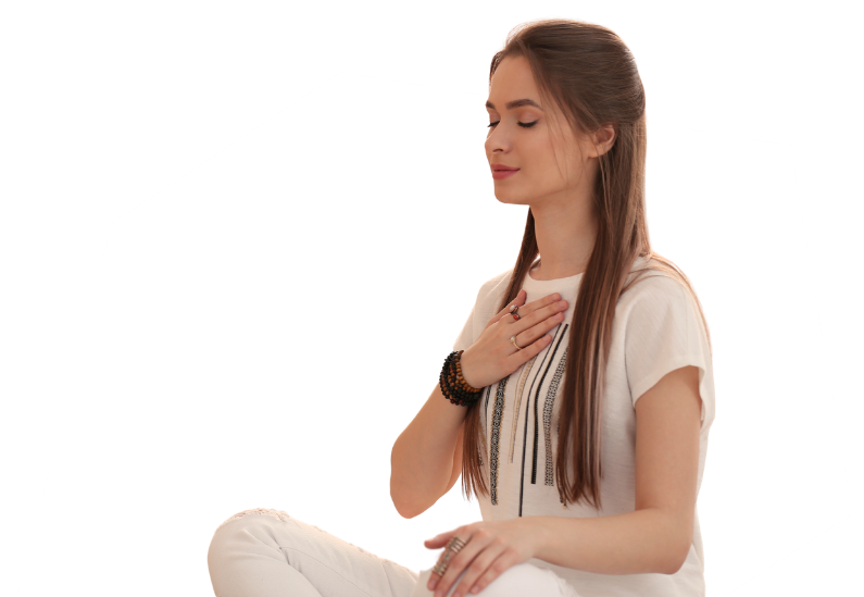 An image of a woman taking a deep breath.