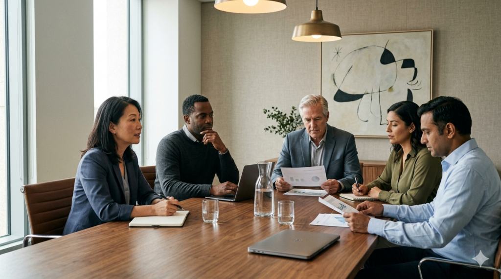 A diverse executive team meeting in a naturally lit room around a wooden table.