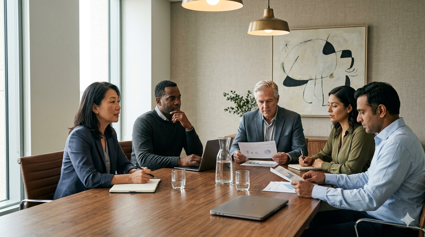 A diverse executive team meeting in a naturally lit room around a wooden table.